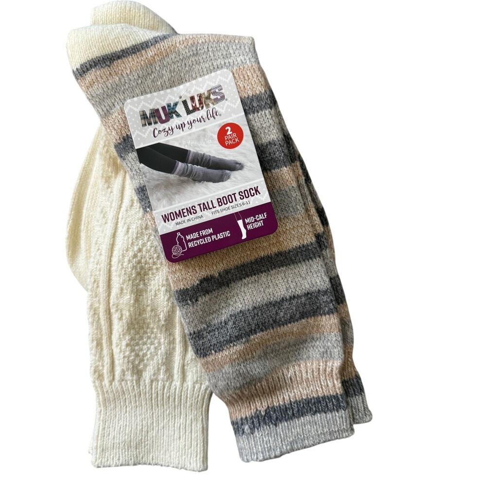 MUK LUK (2) pair WomanTall Boot Socks Shoe Sz 6-11 New Gift Cable Knit Stripes